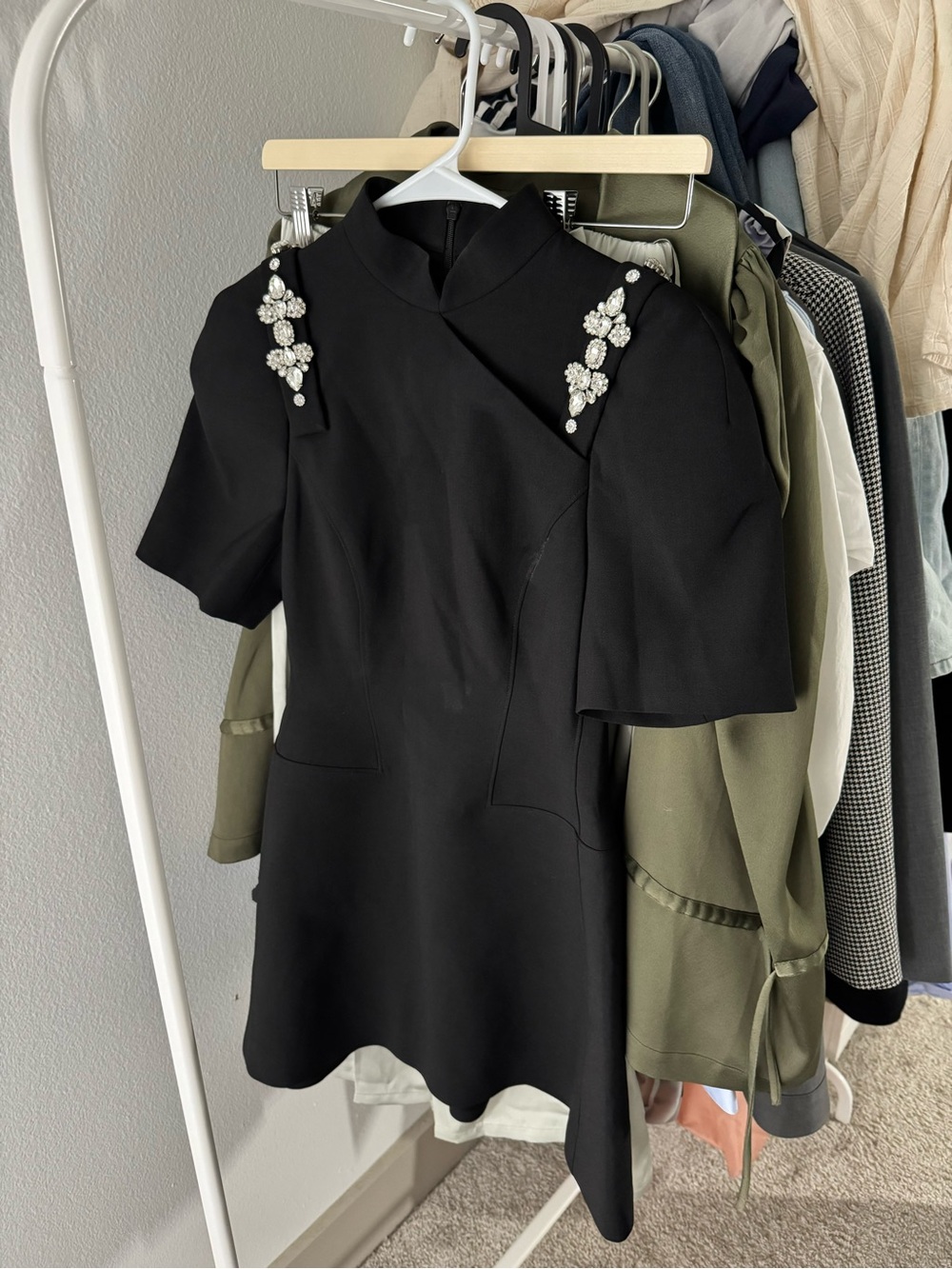 Black Mini Dress with Crystal Shoulder Embellishments